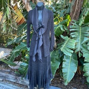 V Cristina wool blend ruffle front bow, asymmetric, maxi skirt and top